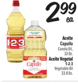 El Super Aceite Capullo Canola Oil, 32 Oz. Aceite Vegetal 1-2-3 Vegetable Oil 33.8 Oz offer