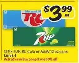 Winn Dixie 12 Pk 7UP, RC Cola or A&W 12 oz cans offer