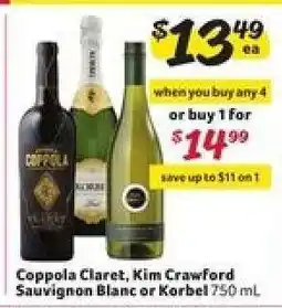 Winn Dixie Coppola Claret, Kim Crawford Sauvignon Blanc or Korbel offer