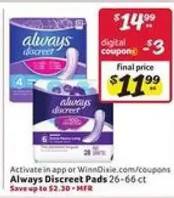 Winn Dixie Always Discreet Pads offer