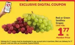 Safeway Red or Green Seedless Grapes offer