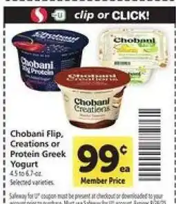 Safeway Chobani Flip, Creations or Protein Greek Yogurt offer