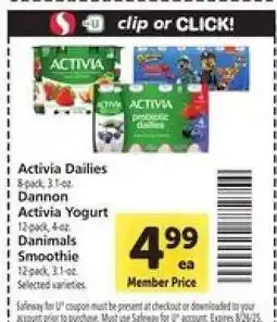 Safeway Activia Dailies, Dannon Activia Yogurt, Danimals Smoothie offer