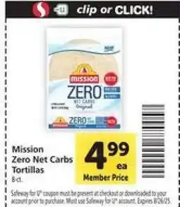 Safeway Mission Zero Net Carbs Tortillas offer