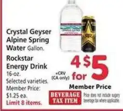 Safeway Crystal Geyser Alpine Spring Water Gallon / Rockstar Energy Drink 16-oz offer