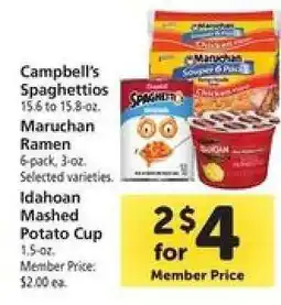 Safeway Campbell's Spaghettios, Maruchan Ramen, Idahoan Mashed Potato Cup offer