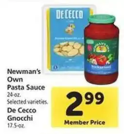 Safeway Newman's Own Pasta Sauce, De Cecco Gnocchi offer