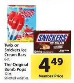 Safeway Twix or Snickers Ice Cream Bars, The Original Bomb Pops offer
