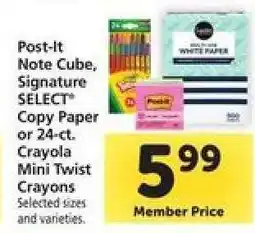 Safeway Post-It Note Cube, Signature SELECT Copy Paper or 24-ct. Crayola Mini Twist Crayons offer