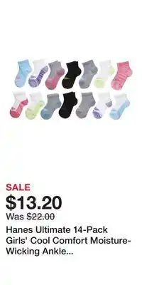 Kohl's Hanes Ultimate 14-Pack Girls' Cool Comfort Moisture-Wicking Ankle Socks offer