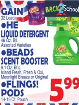 Bravo Supermarkets GAIN 32 Load • HE LIQUID DETERGENT 46 Oz. Btl. Assorted Varieties • BEADS BOOSTER 9.1 Oz. Btls offer