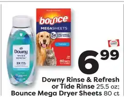 Weis Markets Downy Rinse & Refresh or Tide Rinse 25.5 oz Bounce Mega Dryer Sheets 80 ct offer