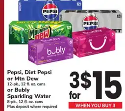ACME Pepsi, Diet Pepsi or Mtn Dew 12-pk., 12 fl. oz. cans or Bubly Sparkling Water 8-pk., 12 fl. oz. cans offer
