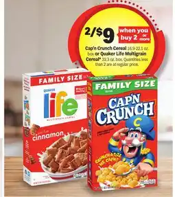 Meijer Cap'n Crunch Cereal 16.9-22.1 oz. box or Quaker Life Multigrain Cereal* 22.3 oz. box offer