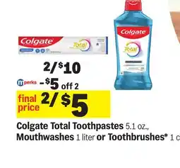 Meijer Colgate Total Toothpastes 5.1 oz., Mouthwashes 1 liter or Toothbrushes* 1 ct offer