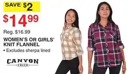 Dunham's Sports CANYON CREEK WOMEN'S OR GIRLS' KNIT FLANNEL offer