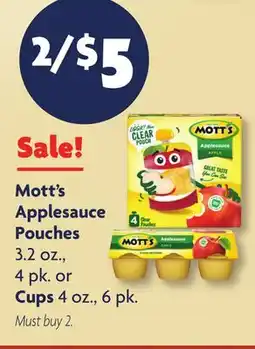 Family Dollar Mott's Applesauce Pouches 3.2 oz., 4 pk. or Cups 4 oz., 6 pk offer