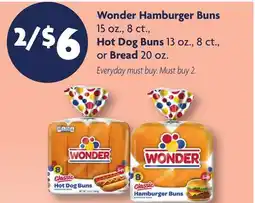 Family Dollar Wonder Hamburger Buns 15 oz., 8 ct., Hot Dog Buns 13 oz., 8 ct., or Bread 20 oz offer