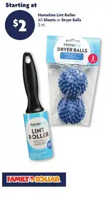 Family Dollar Homeline Lint Roller 60 Sheets or Dryer Balls 2 ct offer