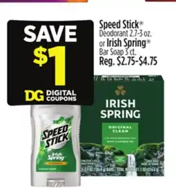 Dollar General Speed Stick Deodorant 2.7-3 oz. or Irish Spring Bar Soap 3 ct offer