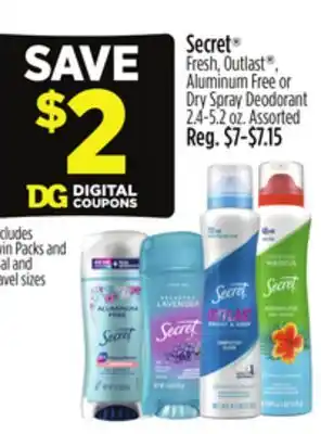 Dollar General Secret Fresh, Outlast , Aluminum Free or Dry Spray Deodorant offer