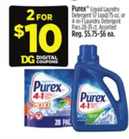 Dollar General Purex Liquid Laundry Detergent 57 Load/75 oz. or 4-in-1 Laundry Detergent Pacs 28-35 ct offer