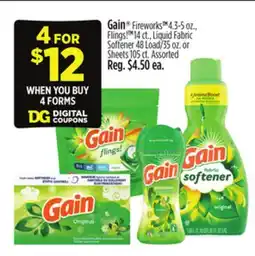 Dollar General Gain Fireworks 4.3-5 oz., Flings! TM 14 ct., Liquid Fabric Softener 48 Load/35 oz. or Sheets 105 ct offer