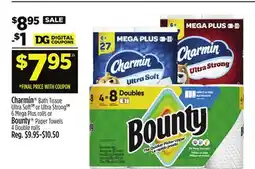 Dollar General Charmin Bath Tissue Ultra Soft 6 Mega Plus rolls or Bounty Paper Towels 4 Double rolls offer