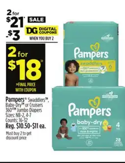 Dollar General Pampers Swaddlers , Baby-DryTM or Cruisers 360°TM Jumbo Diapers Sizes: NB-2,4-7 Counts: 16-32 offer