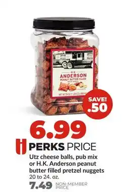 Hy-Vee Utz cheese balls, pub mix or H. K. Anderson peanut butter filled pretzel nuggets offer