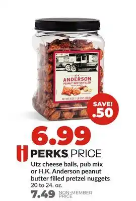 Hy-Vee Utz cheese balls, pub mix or H. K. Anderson peanut butter filled pretzel nuggets offer