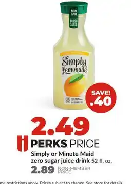 Hy-Vee Simply or Minute Maid zero sugar juice drink offer