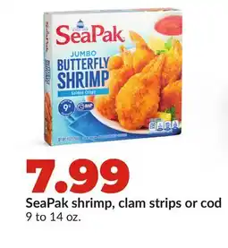 Hy-Vee SeaPak shrimp, clam strips or cod offer
