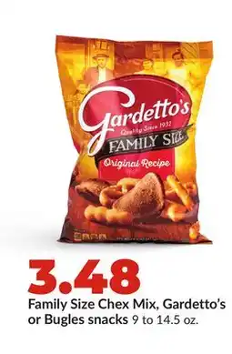 Hy-Vee Family Size Chex Mix, Gardetto's or Bugles snacks offer