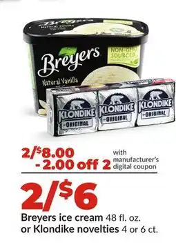 Hy-Vee Breyers ice cream 48 fl. oz. or Klondike novelties 4 or 6 ct offer