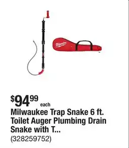 The Home Depot Milwaukee Trap Snake 6 ft. Toilet Auger Plumbing Drain Snake with Toilet Auger Carrying Case offer