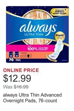 Costco always Ultra Thin Advanced Overnight Pads, 76-count offer