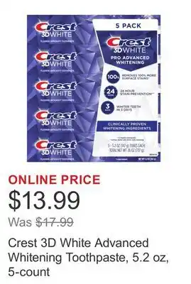 Costco Crest 3D White Advanced Whitening Toothpaste, 5.2 oz, 5-count offer