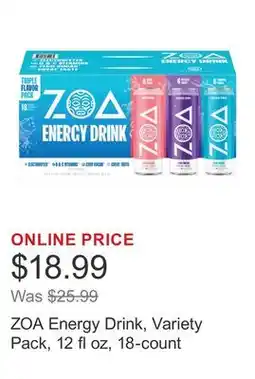 Costco ZOA Energy Drink, Variety Pack, 12 fl oz, 18-count offer