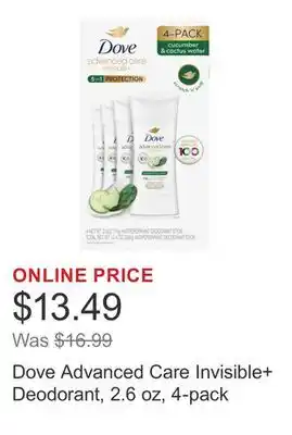 Costco Dove Advanced Care Invisible+ Deodorant, 2.6 oz, 4-pack offer
