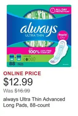 Costco always Ultra Thin Advanced Long Pads, 88-count offer