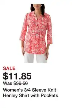 Belk Women's 3/4 Sleeve Knit Henley Shirt with Pockets offer