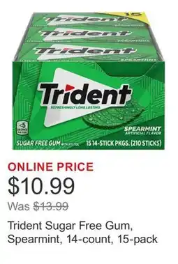 Costco Trident Sugar Free Gum, Spearmint, 14-count, 15-pack offer