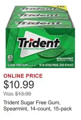 Costco Trident Sugar Free Gum, Spearmint, 14-count, 15-pack offer