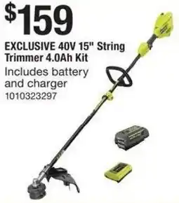 The Home Depot Ryobi String Trimmer 4.0Ah Kit 40V 15" offer