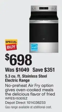 The Home Depot Whirlpool stainless steel electric range offer