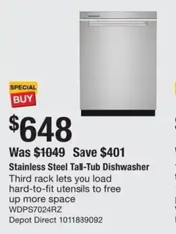 The Home Depot Whirlpool stainless steel tall-tub dishwasher offer