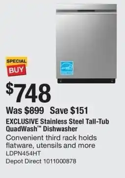 The Home Depot LG stainless steel tall-tub quadwash dishwasher offer