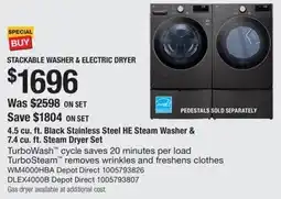 The Home Depot LG black stainless steel he steam washer & steam dryer set offer
