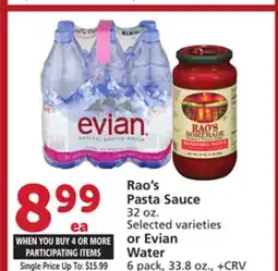 Vons Rao's Pasta Sauce 32 oz. Selected varieties or Evian Water 6 pack, 33.8 oz offer